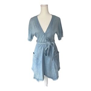 Free People Sundrenched Denim Mini Wrap Dress Raw Hem Belted V-Neck Size 0 Boho